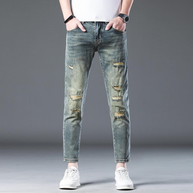 

Новые летние джинсы слим девять точек стрейч повседневные длинные брюки для мужчин 38