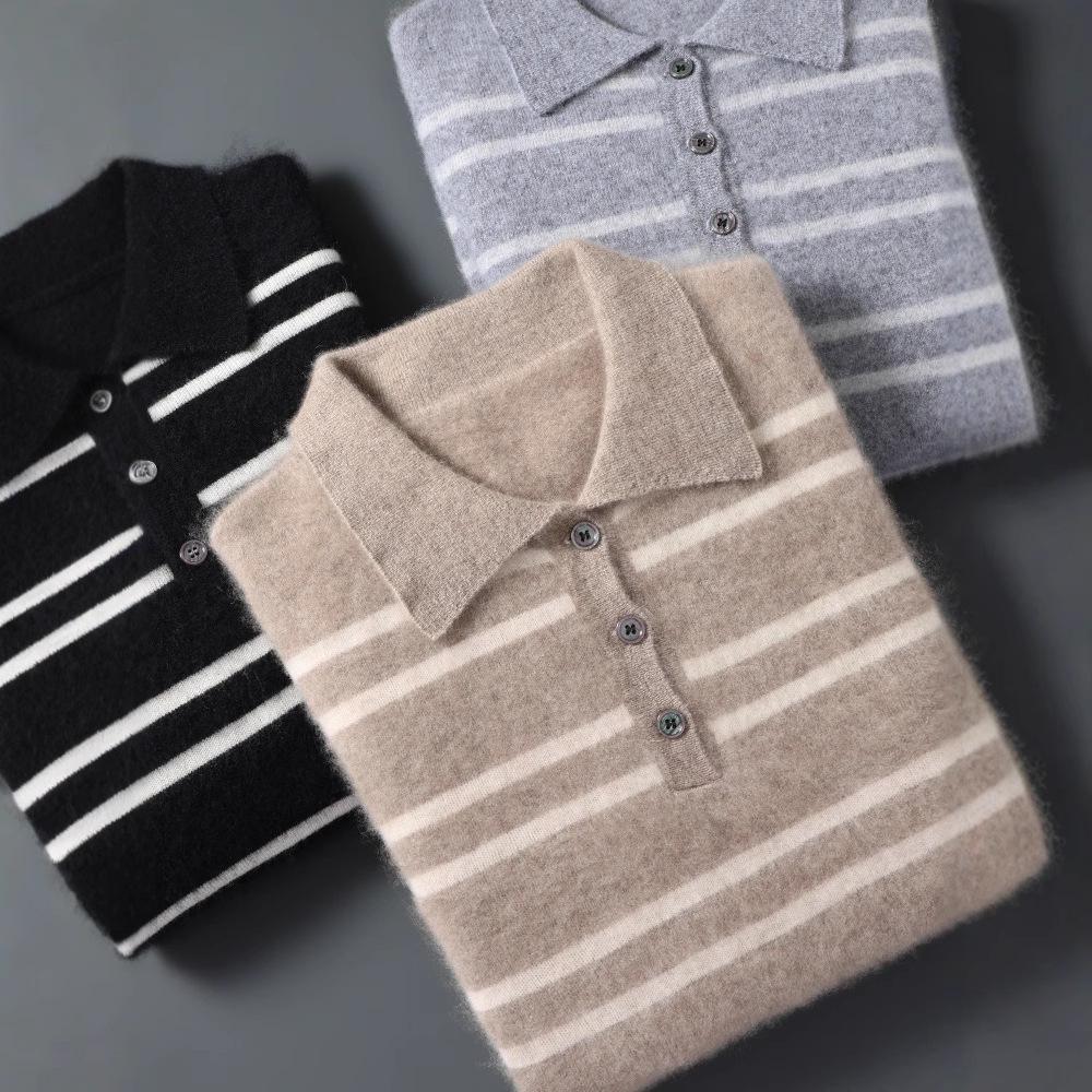 Men's 100% Wool Color Block Stripe Polo Collar Sweater, Autumn/Winter Collection