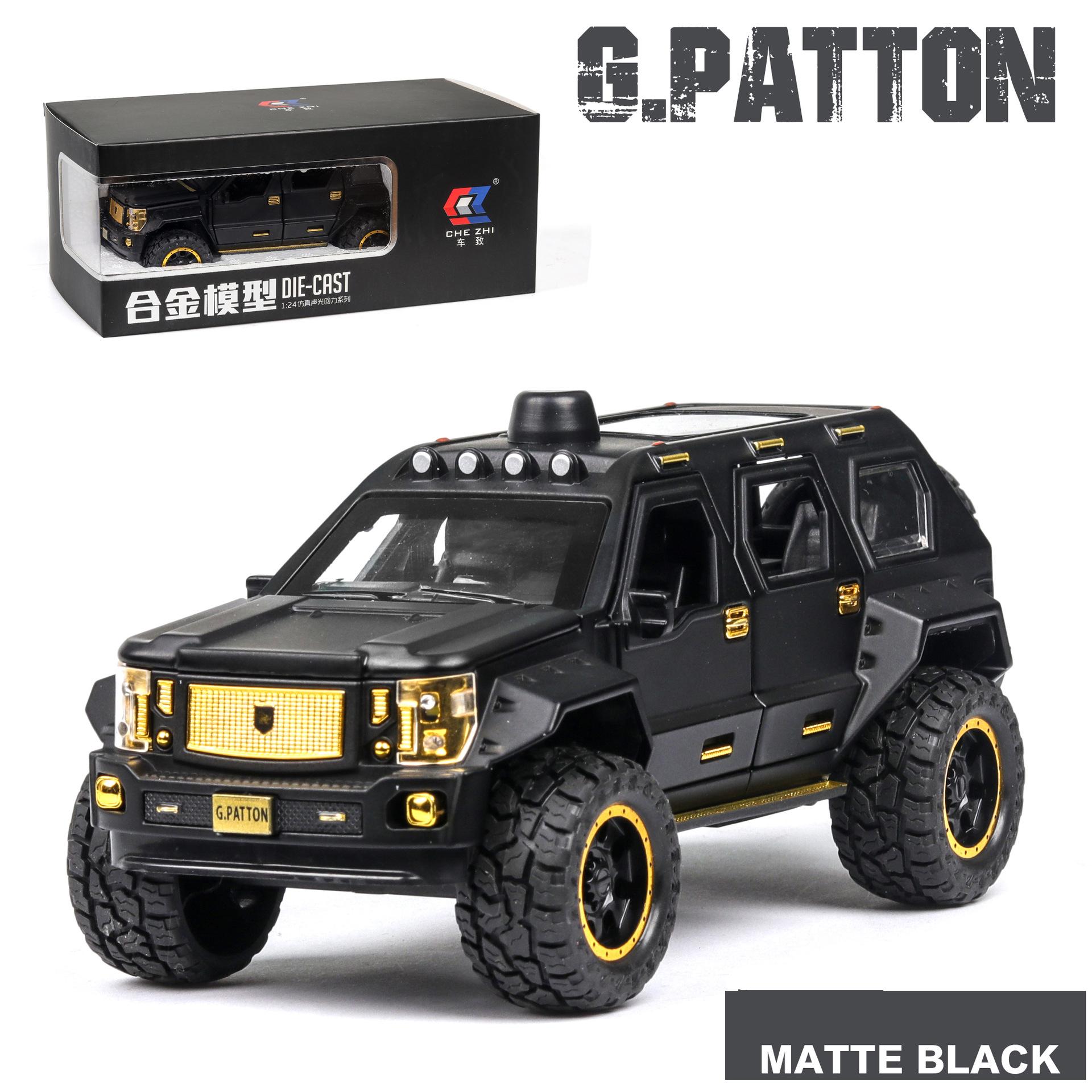 

Литые металлические игрушечные машинки, игрушечная модель внедорожника G Patton в масштабе 1/24 со звуком и светом, подарки для мальчиков от 3 лет и старше матовый черный