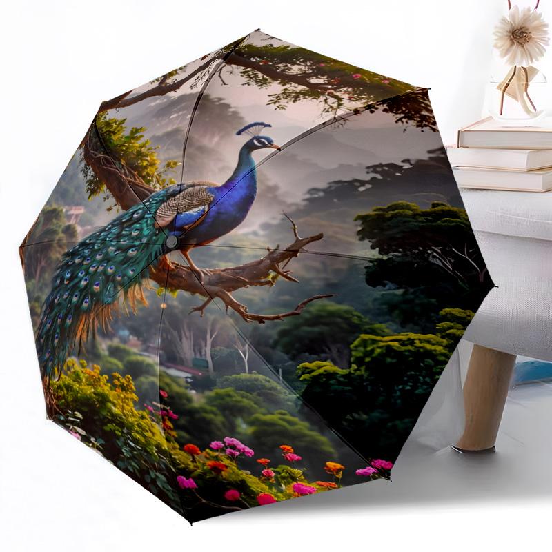 Peacock Elegance In Bloom Compact Travel Automatic Umbrella Folding Umbrella with 8 Ribs Lightweight for Women/Men Compact Folding Umbrella