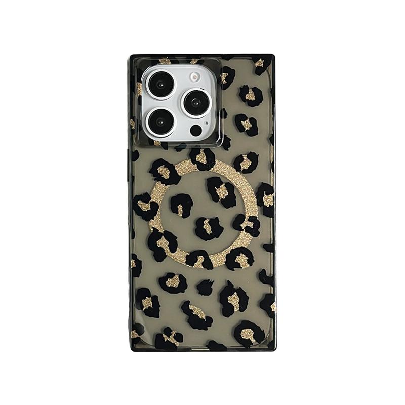 

Stylish Rectangle Border Leopard Magnetic Wireless Charge Phone Case For iPhone 17 16 15 14 13 12 Pro Max Hard TPU Back Cover iPhone 12 Pro Max