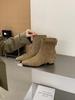 Early autumn square head slope heel suede short boots feeling Maillard thin rear zipper with skirt denim wide pants
