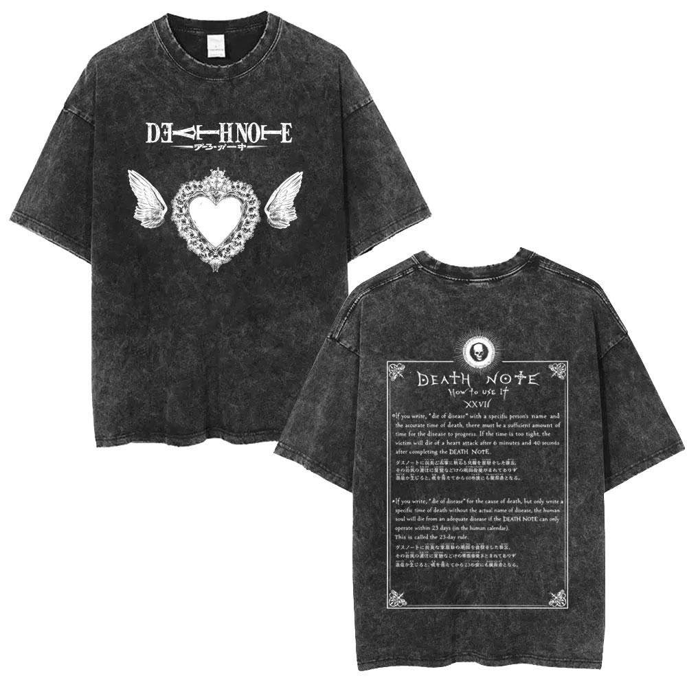 Washed Vintage Anime Death Note Ryuk Light Yagami L Lawliet Graphic T-shirt Men Casual Oversized T Shirt 90s Manga Retro Tshirt
