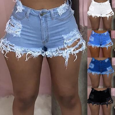 Ladies Retro Casual Mid-waist Straight-leg  Shorts Stretch Washed Ripped Jeans