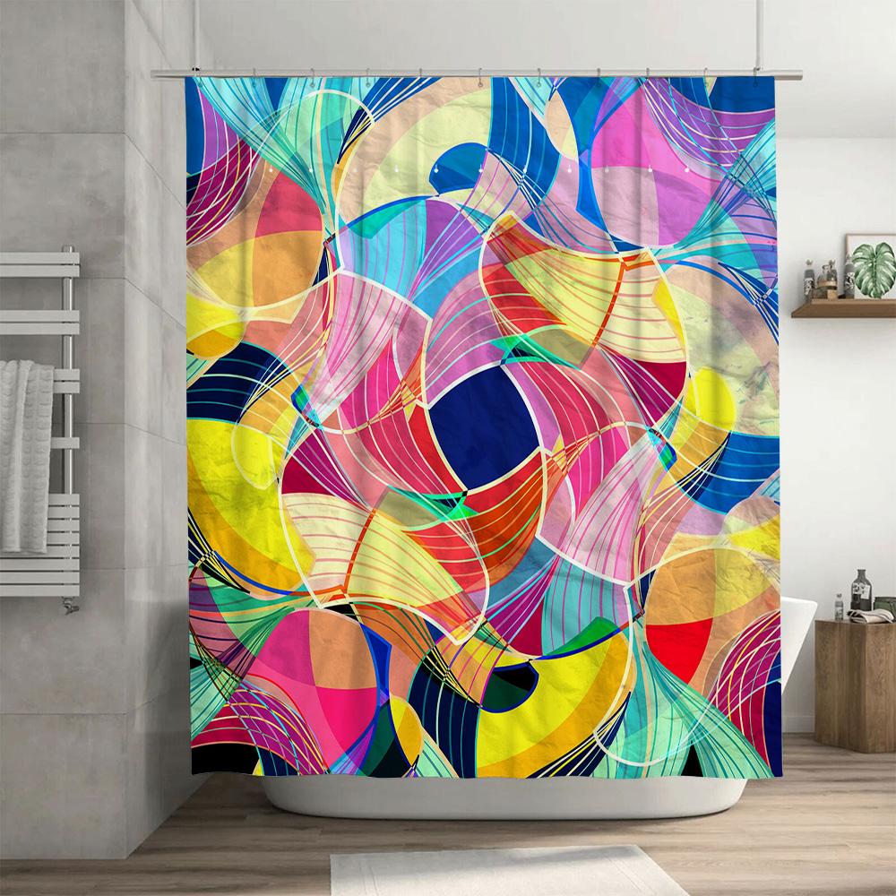 Colorful Geometric Pattern Shower Curtain for Bathroom Decor Printed Polyester Fabric with Eyelet Rings