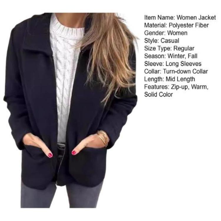Long Sleeved Women Jacket Turn Down Collar Loose Thermal Coat Solid Color Zipper Closure Pockets Commuting Dating Office Spring Fall Winter