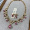French Light Luxury Pink Zircon Flower Leaf Water Drop Zircon Necklace Earrings Set Heavy Industry Collarbone Chain