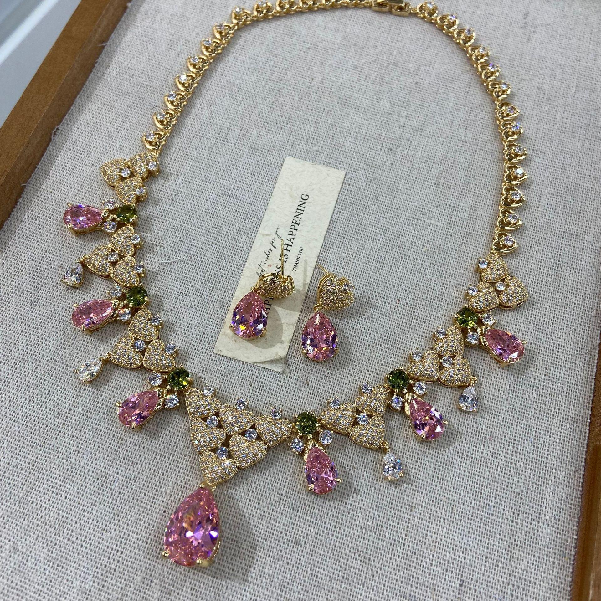 French Light Luxury Pink Zircon Flower Leaf Water Drop Zircon Necklace Earrings Set Heavy Industry Collarbone Chain