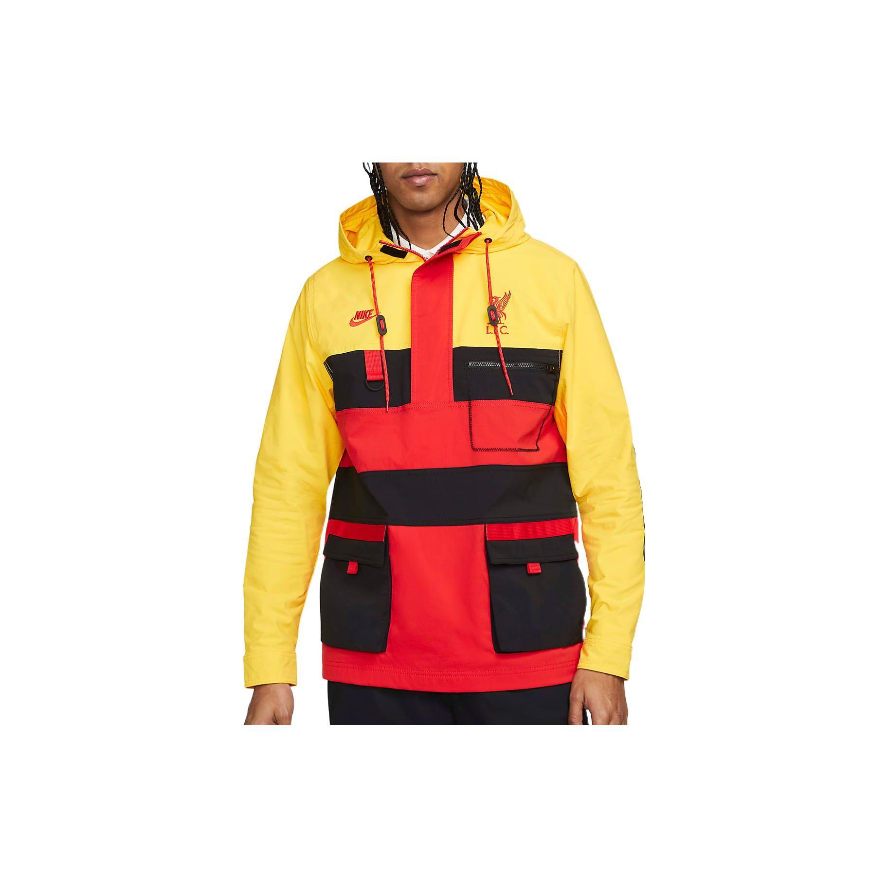 

Nike Liverpool FC Hype Hike Woven Hooded Pullover Jacket Men Standard Fit Yellow Rush Red Black DD9714-703 XL