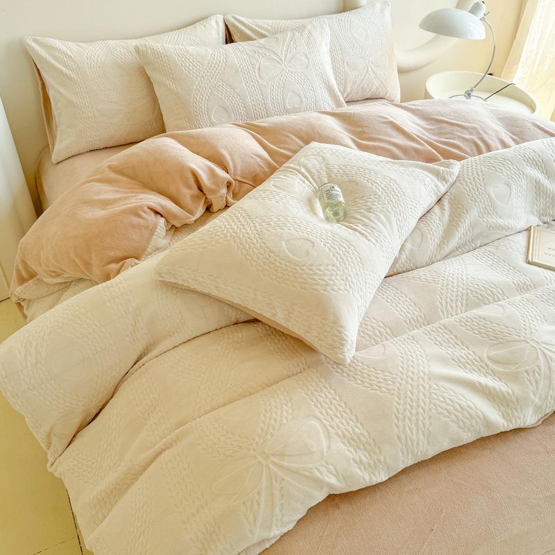 Milk Fleece Four-piece Set, Thickened Carved Fleece, Bed Sheet Quilt Cover, Bed Three-piece Set