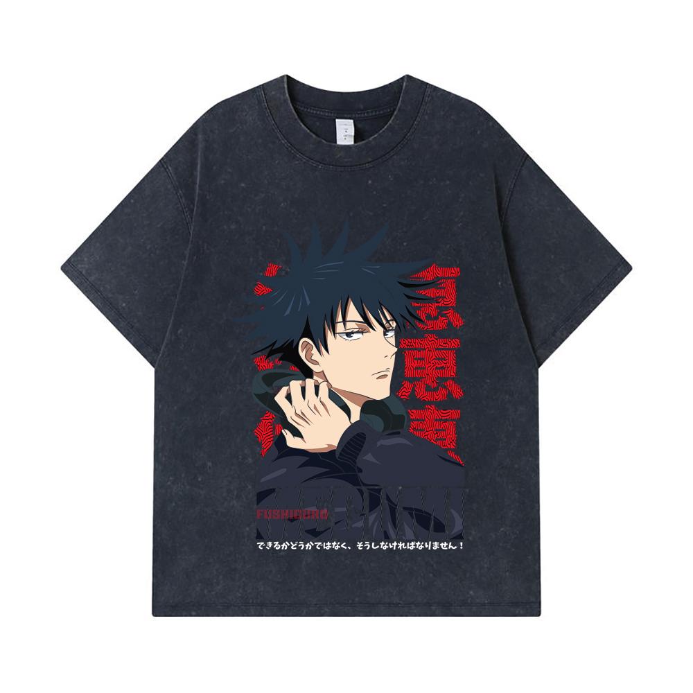 275 GSM Washed T-shirts 100% Cotton Jujutsu Kaisen V38 Megumi Print Unisex Heavy Cotton T Shirt