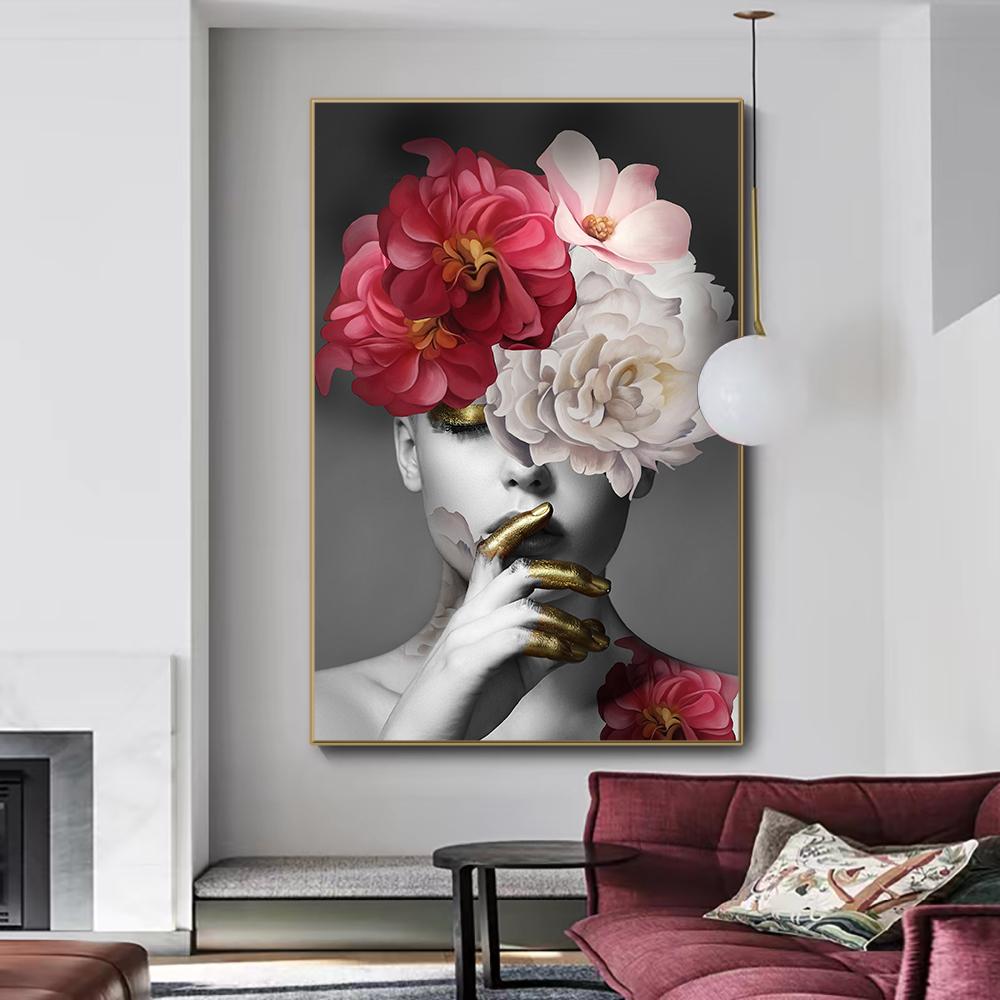 Nordic Home Decorative Poster Women with Rose Flowers Head Wall Art Canvas Painting Modern Interior Living Room Decor No Frame