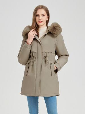Women's Winter Mid-Length Parka with Fur Collar, Thickened for Warmth, Waist-Cinched, Trendy Cotton Jacket.