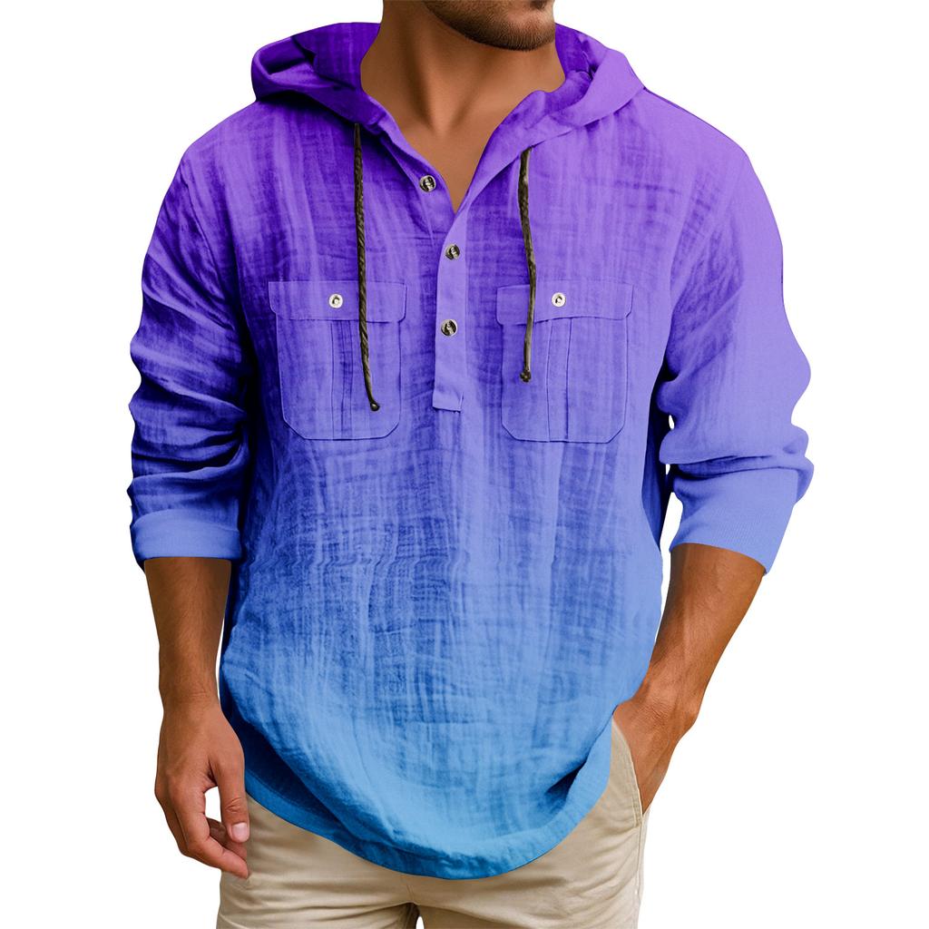 Men's Hooded T-shirt Gradient Color Cotton And Linen Men's Casual Long-sleeved Top