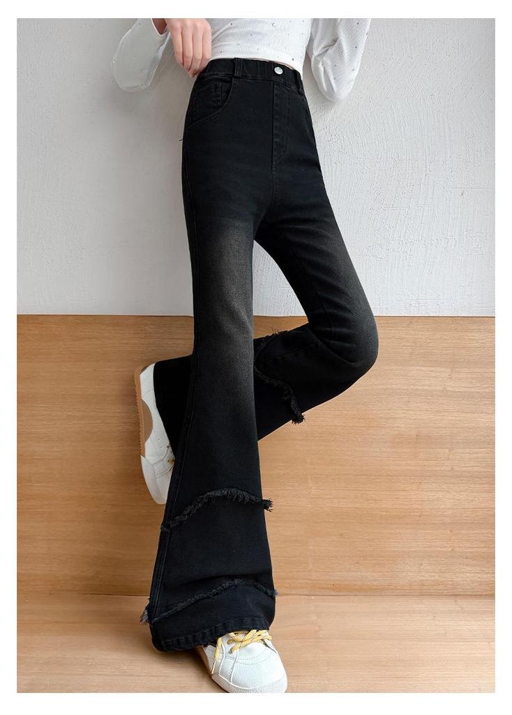 Girls' High Waist Raw Hem Tassel Denim Flare Pants - Autumn 2026 New Arrivals for Medium and Large Children