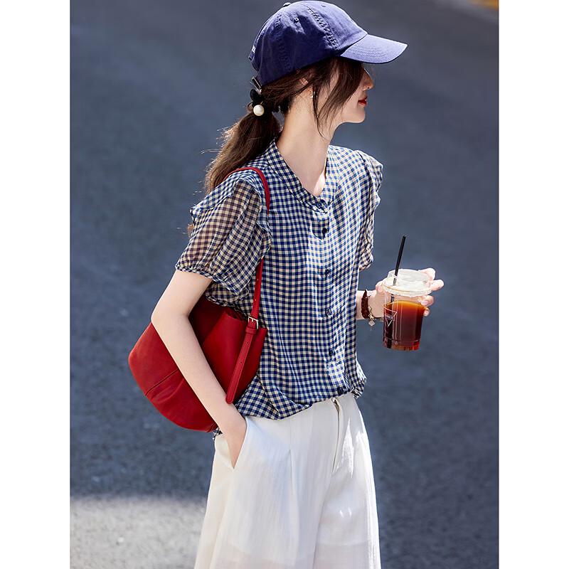 Women s Plaid Puff Sleeve Stand-up Collar Shirt S