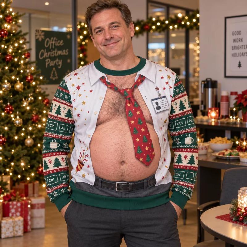 Office Tie Dad Bod Ugly Christmas Sweater Men 3D Print Polyester Crewneck Sweatshirt Funny Holiday Party Pullover