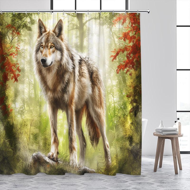 Forest Wolf Shower Curtains Full Moon Mountain Winter Cedar Grey Blue Bathroom Decor Polyester Fabric Bath Curtain With Hooks