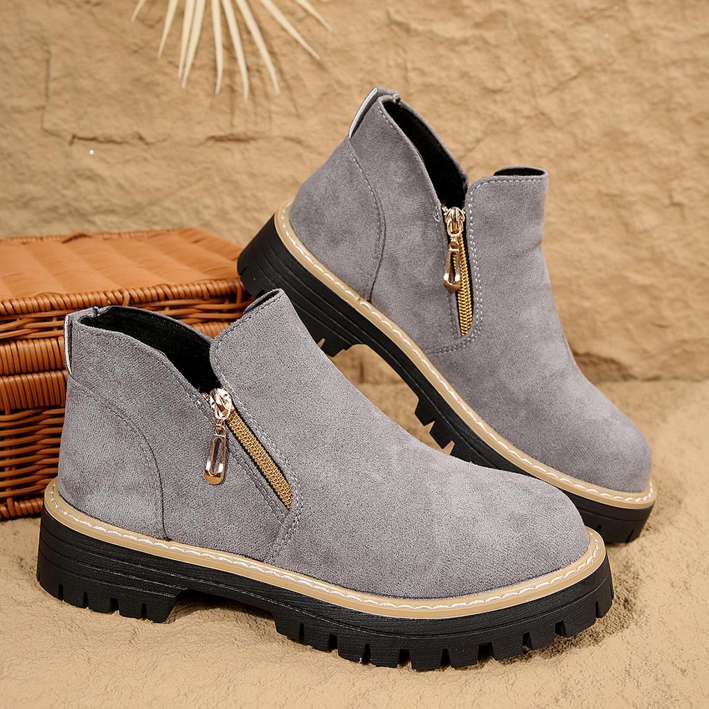2025 rund tå dragkedja i sidan Martin-kängor korta stövlar tjock klack nya höst- och vinter stora storlekar utrikeshandel damkängor dam