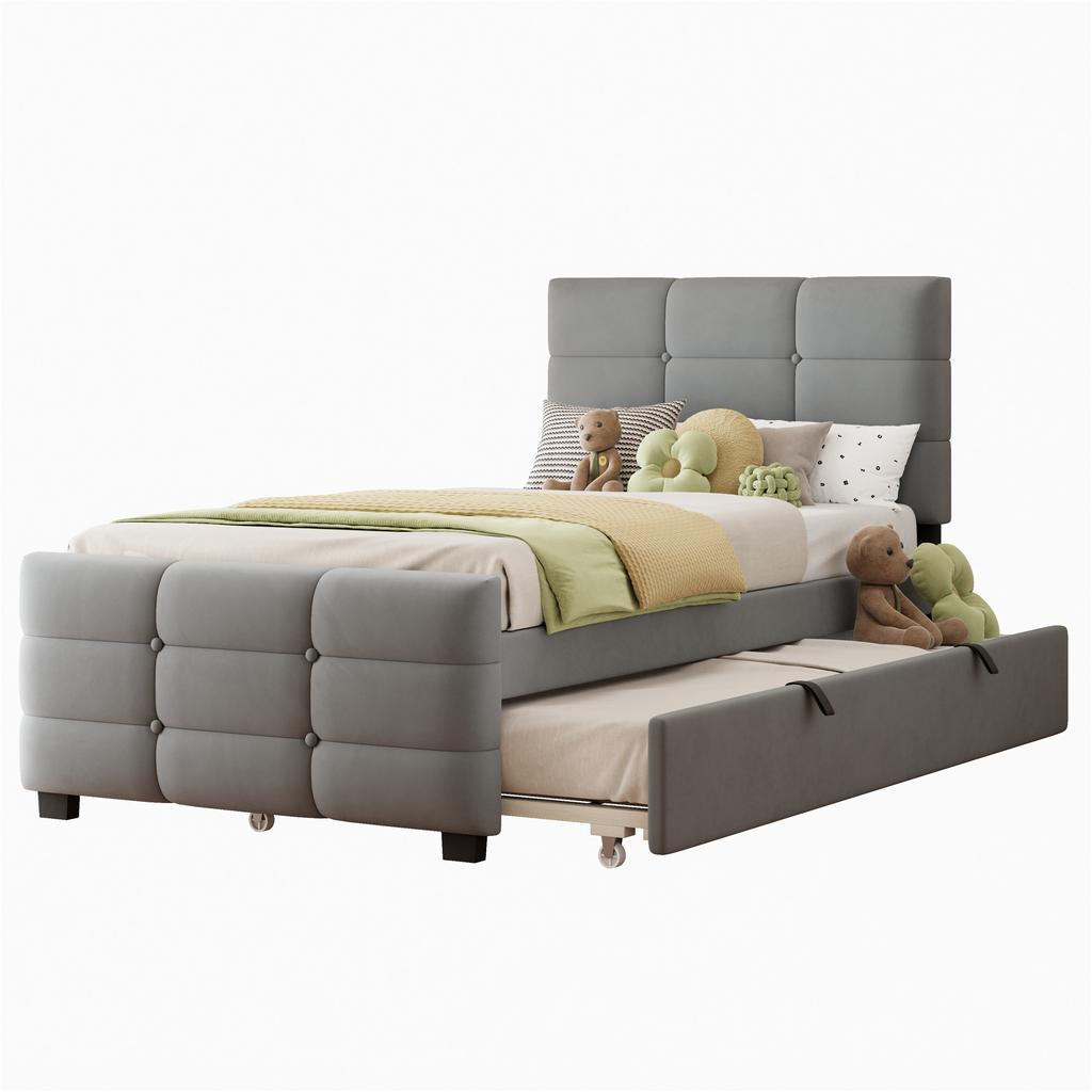 Upholstered Bed 90 X 190 Cm with Pull-Out Bed, Flat Single Bed In Skin-Friendly Velvet Fabric, Children's Bed Youth Bed Guest Bed (Grey)
