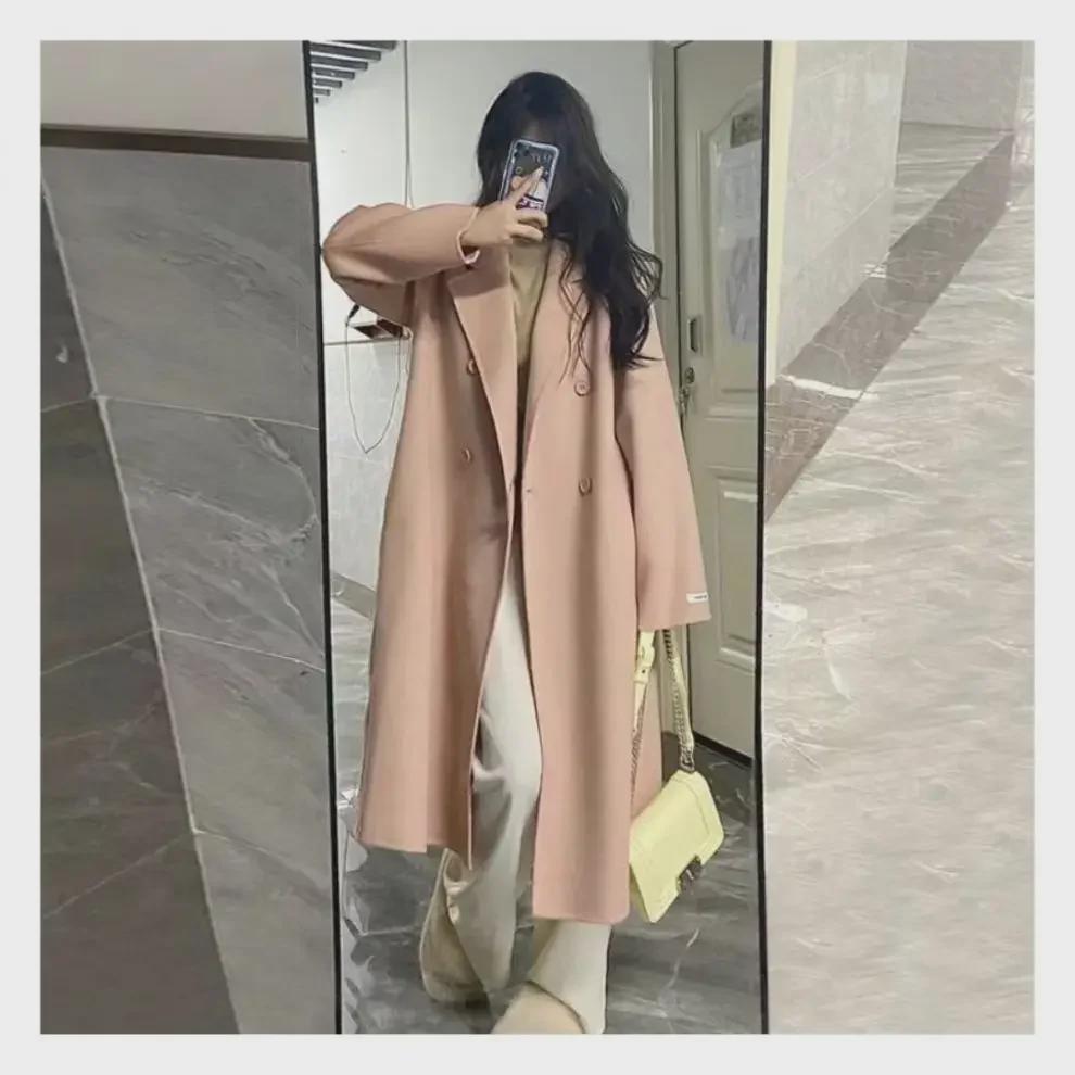 Mittellanger Wollmantel für Damen im Herbst/Winter 2023, Hepburn-Stil, lockere Passform, koreanische Mode.