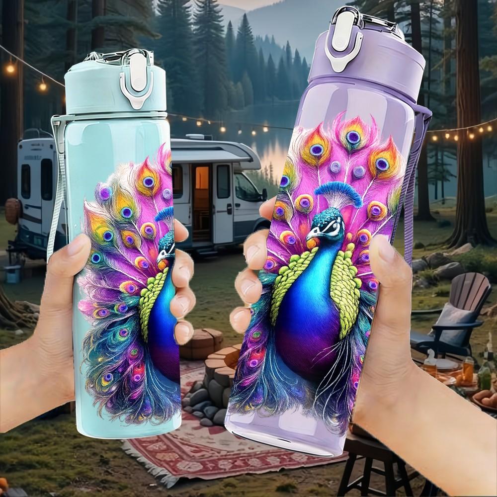 1PC Peacock Feather Colorful Art Print 750ml Color Plastic Sports Water Bottle Leakproof Flip Straw Lid Suitable for Sports Office Home Use