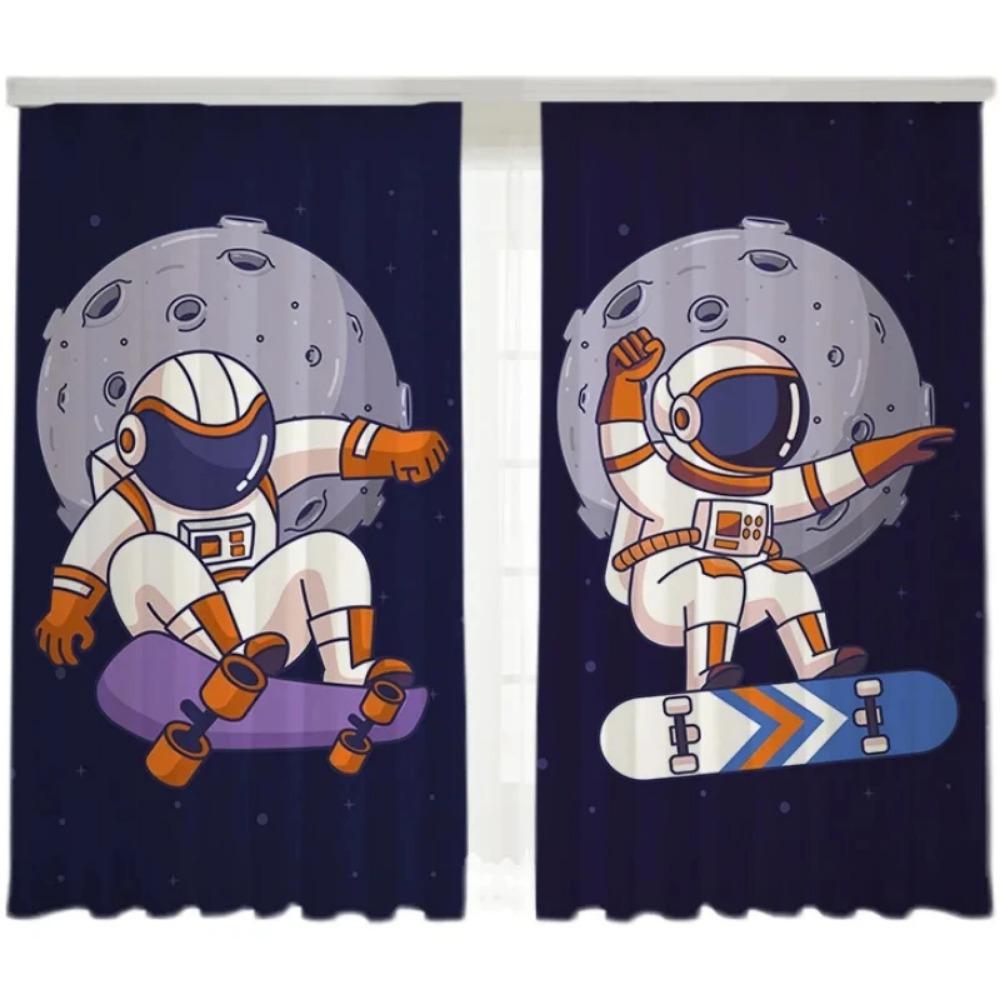 Nordic Ins Style Cartoon Comics High Shading Curtain Space Astronaut Trend Creative Boy Children's Room Simple Curtains 2Pcs