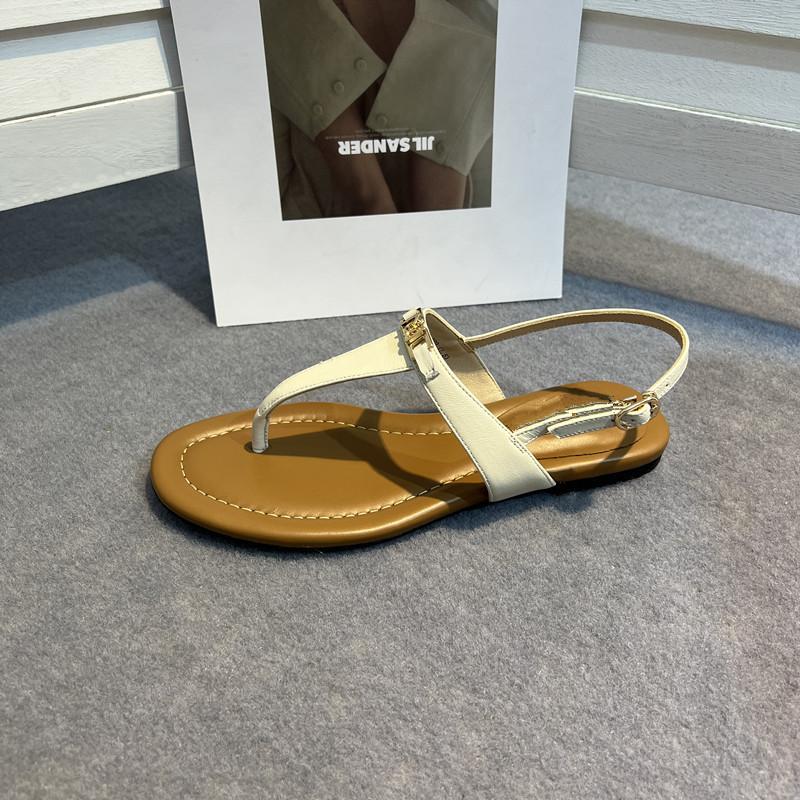 Leather retro toe Roman sandals women's 2025 summer new fashion casual flat-bottom pinch herringbone cool slippers