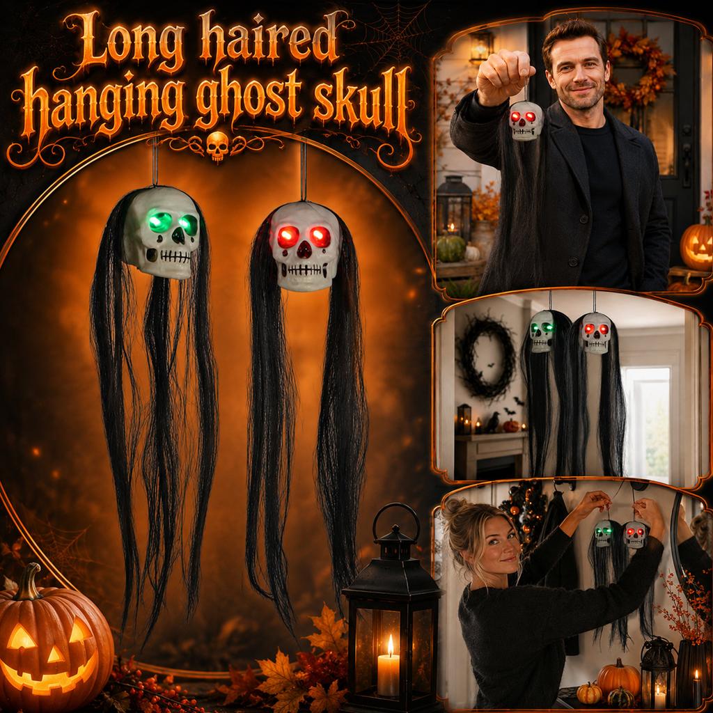 Halloween Hanging Skull Decoration with Long Hair and Light-Up Eyes for Indoor Outdoor Party Haunted House Scene Setup Prop