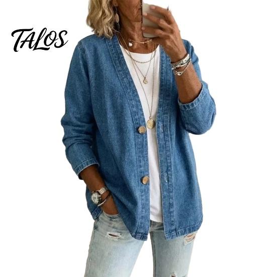 Talos Women s Button Front Faux Denim Jacket, V Neck Long Sleeve Casual Coat, Vintage Loose Fit Imitation Jeans Cardigan M