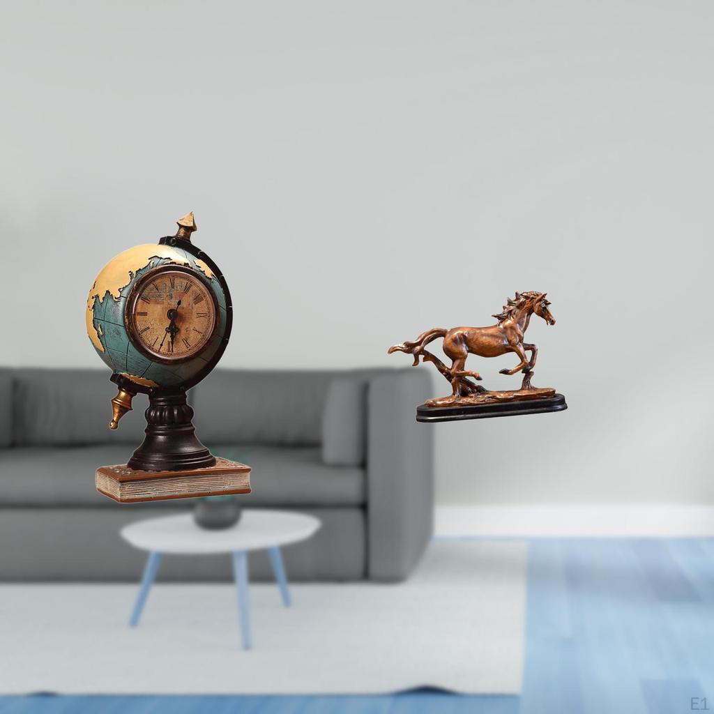 Horse Figurine Statue Table Clock Collectible Craft Ornament for Shelf Office Fireplace Bedroom