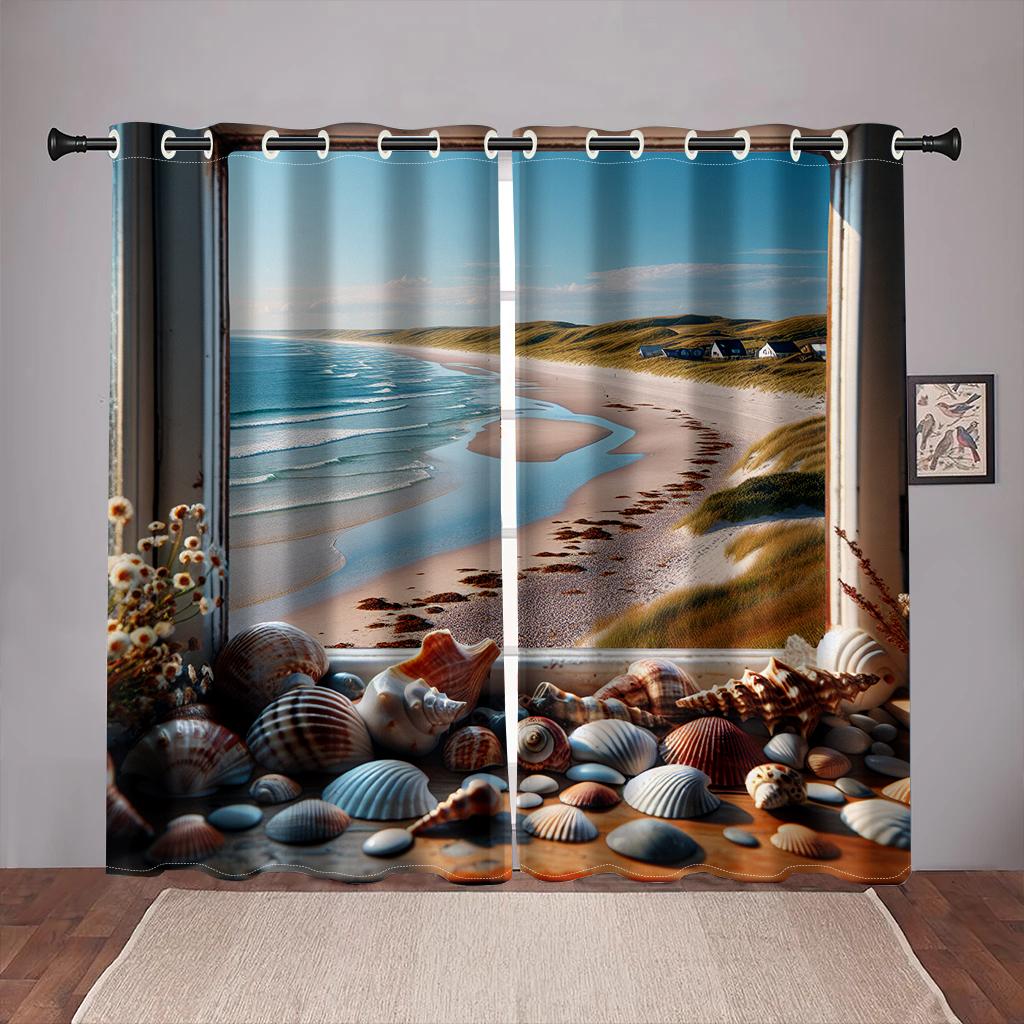 Summer View Beach Ocean Shell Natural Senery Tree Curtains for Bedroom Window Drapes Living Room Home Decoration Kitchen Office