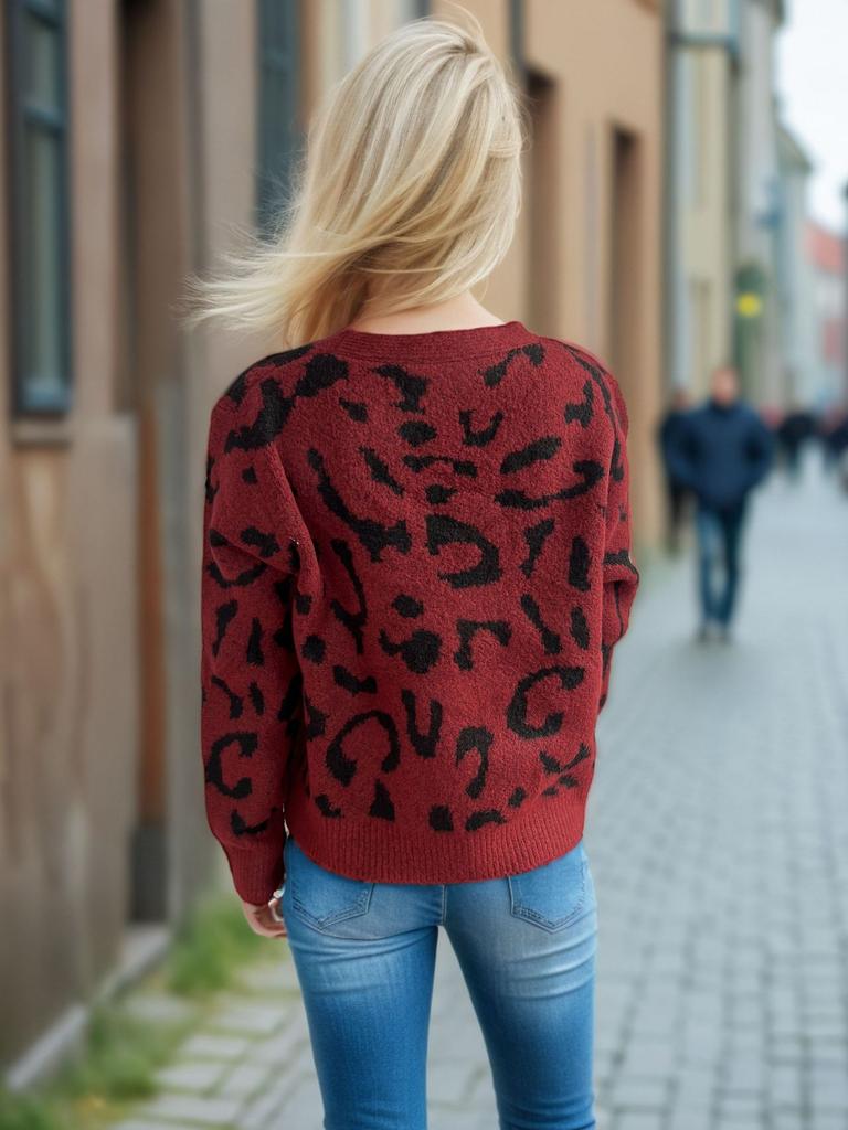 Autumn and winter new leopard print short sweater women's cross-border V-neck casual knitted cardigan top 3580 KTB