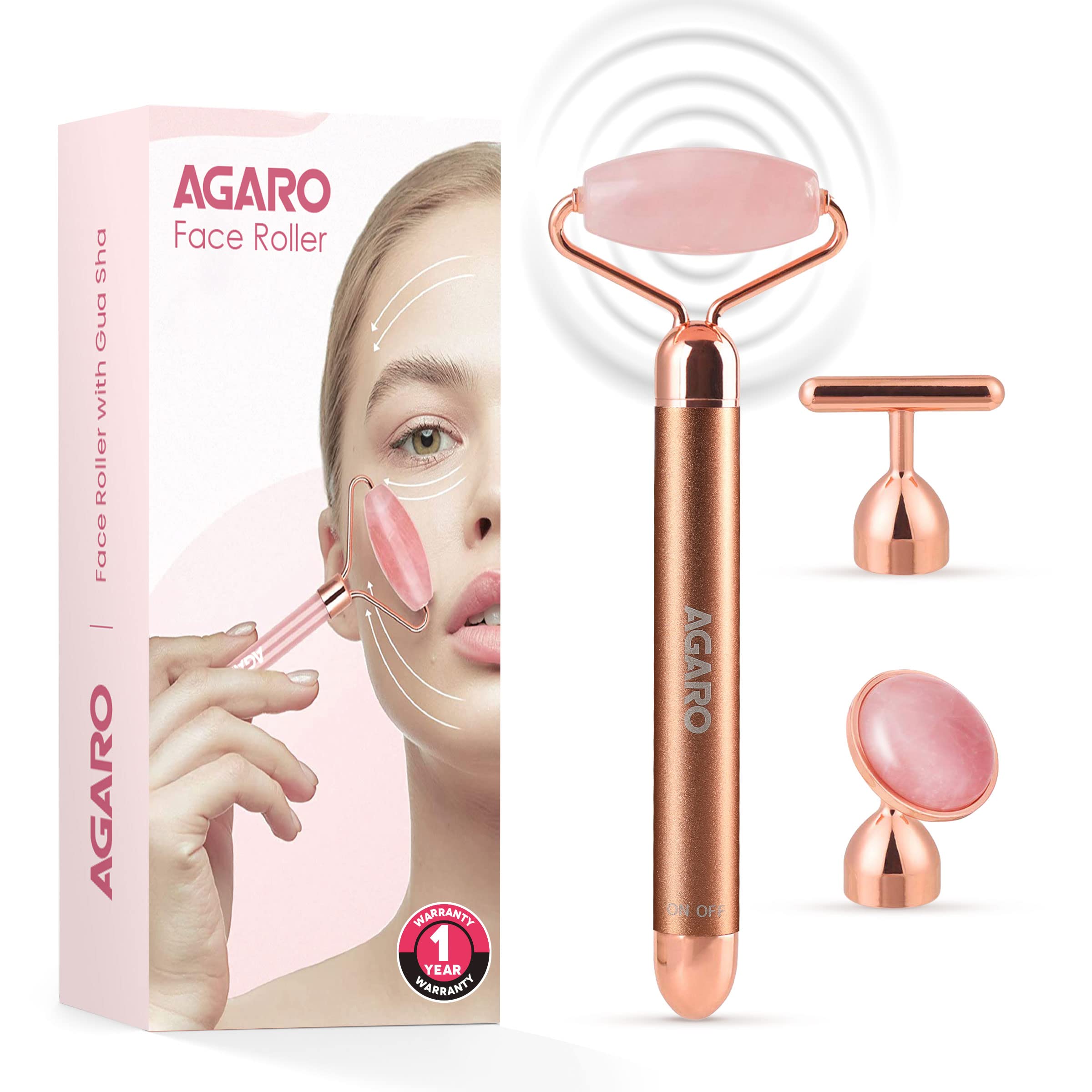 AGARO 3-In-1 Electric Rose Quartz Face Roller, Facial Roller Kit for Face, Eye, Neck, Anti-Aging Facial Massager for Anti-Wrinkles, Skin Firming an