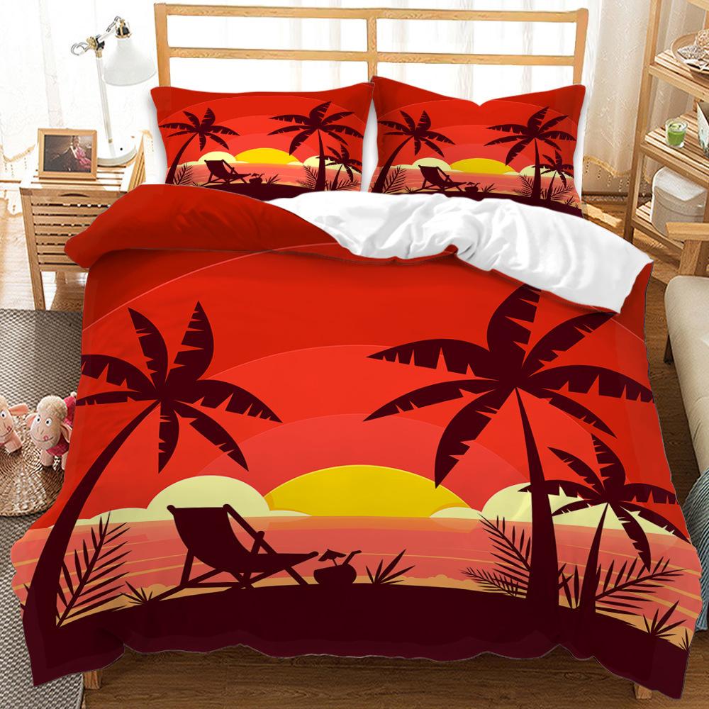 3D Digital Simple Cartoon Plant Quilt Cover Coconut Tree Print Three-Piece Digital Kit