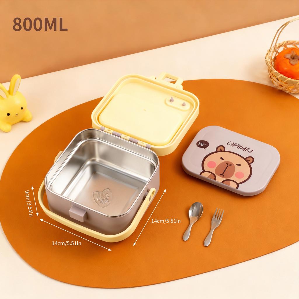 Quadratische 304 Edelstahl Bento Lunchbox mit Besteck & Griff Tragbarer Cartoon Obstsalat Lebensmittelbehälter für Kinder Schüler
