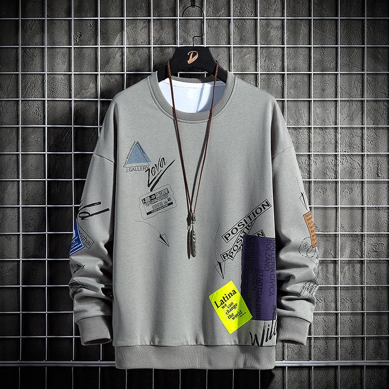 

Новый мужской свитер, осенний свободный повседневный мужской свитер с круглым вырезом и длинным рукавом с принтом M светло-серый