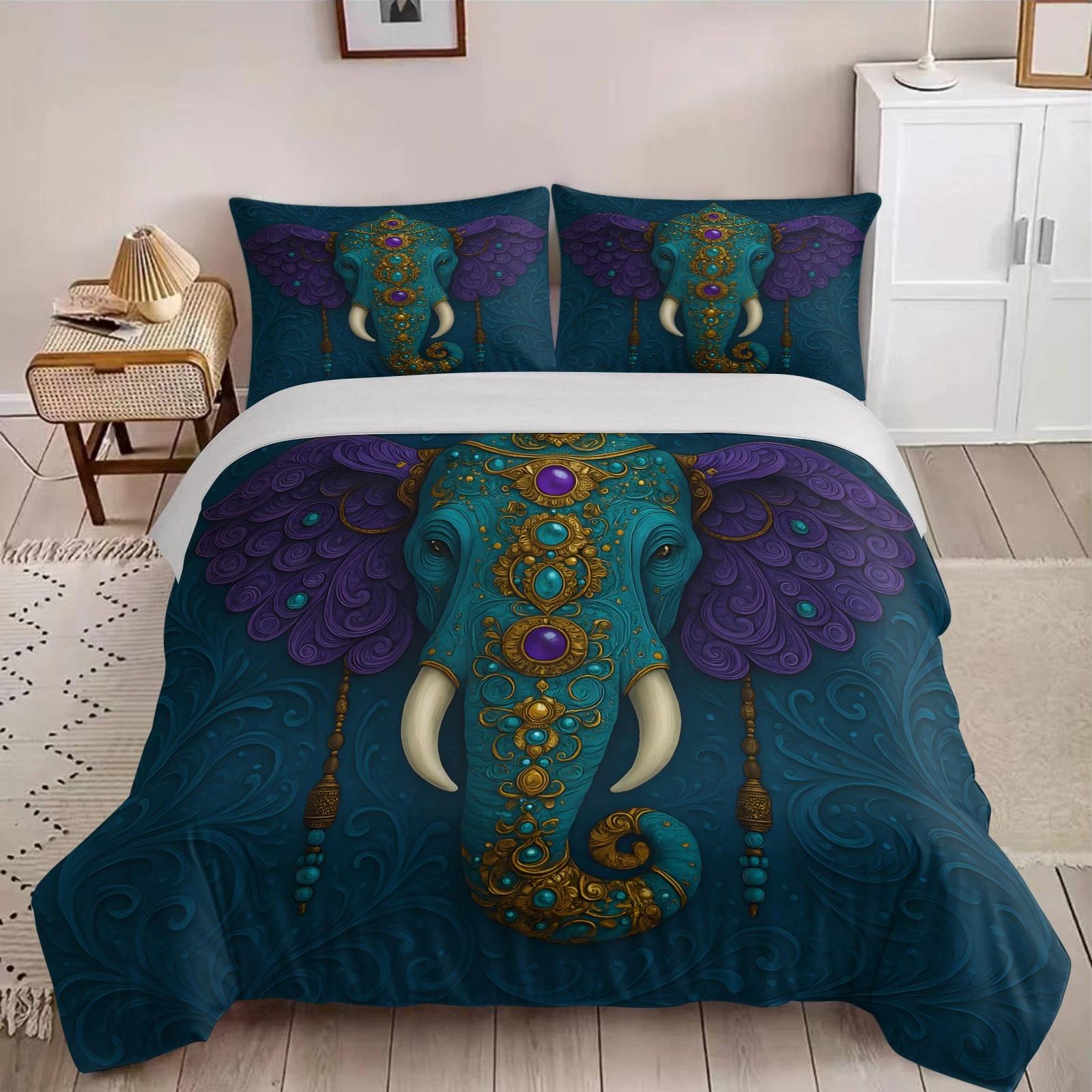 

Ornate Indian Elephant Duvet Cover, Boho Bedding Set, Ethnic Bed Cover for Exotic Home Decor, Perfect Gift for Twin/Queen/King Size Beds Baby 100x135cm