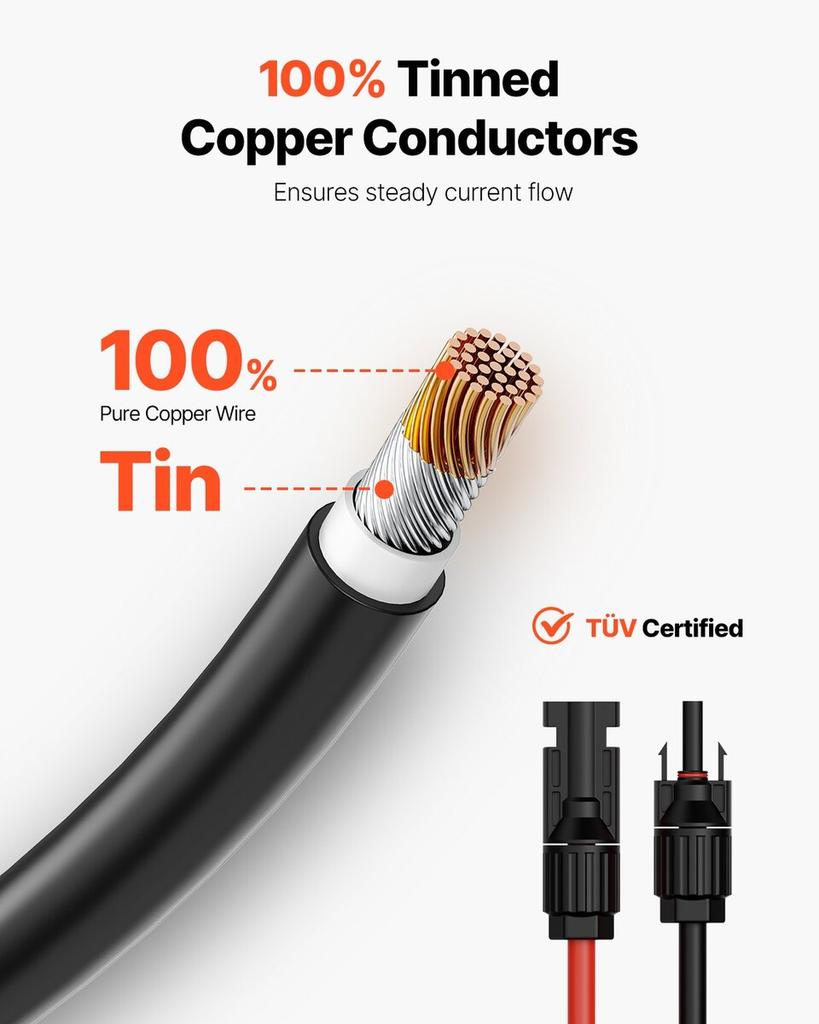 30.48m/100FT Solar Panel Extension Wire Female & Male Connectors 6mm²/10AWG Set of 2