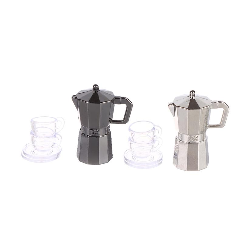 1Set 1:12 Dollhouse Miniature Coffee Pot Metal Kettle Moka Pot W/Cup Tray Kitchen Home Model Decor Toy Doll House Accessories