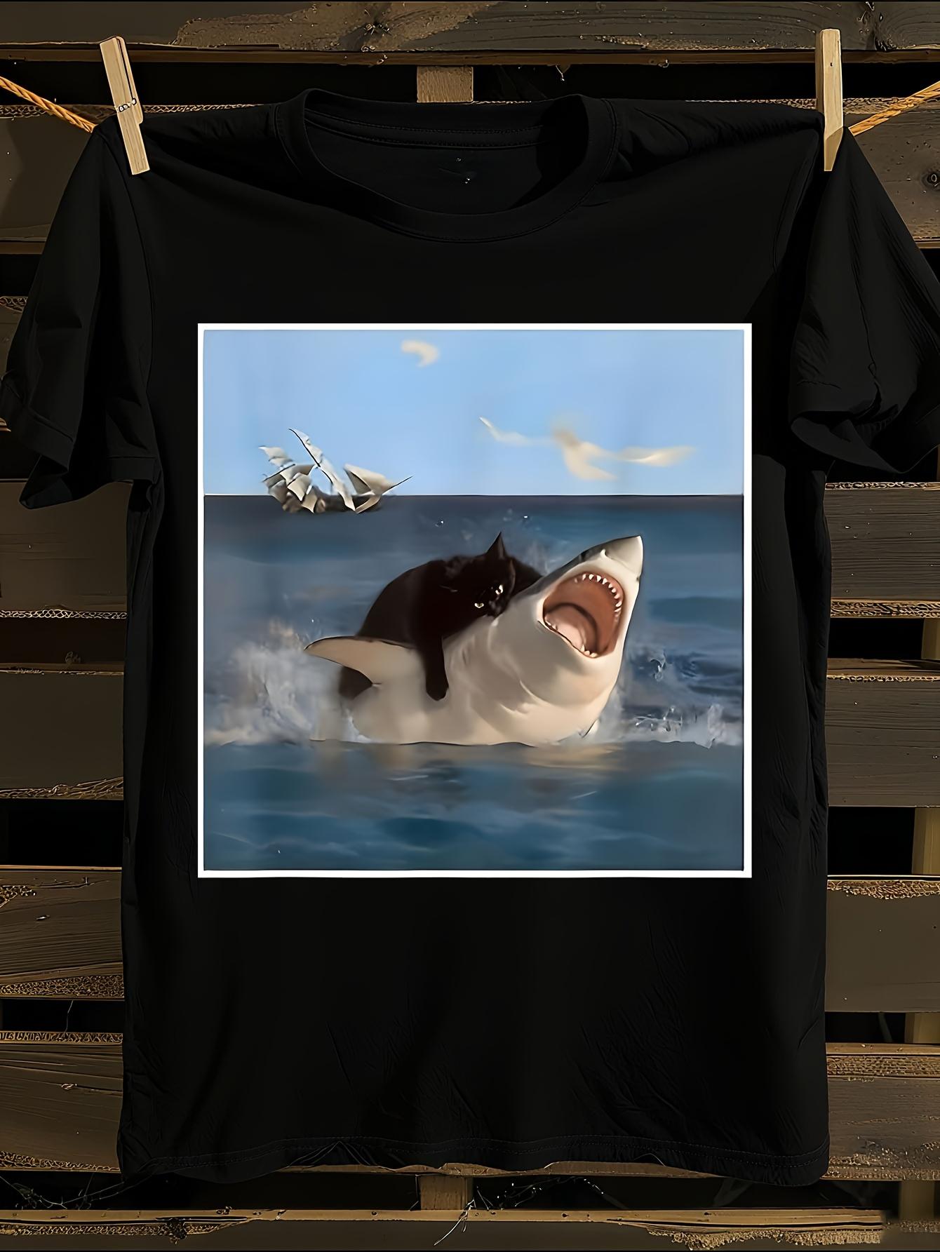 Funny Cat Biting Shark Tshirt L