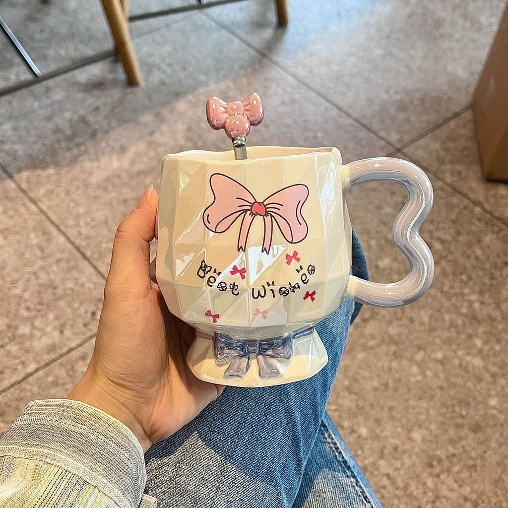 Bow Mug High Looking Girl Heart Cup Ceramic Water Cup Home Couple Office Coffee Breakfast Cup