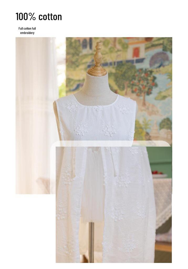 French-Style Luxury Cotton Embroidered White Apron Dress