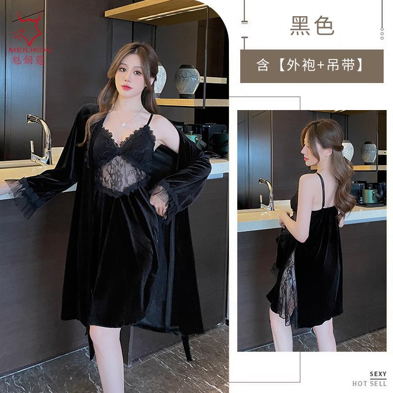 Golden velvet sexy long dress women's autumn and winter home pure desire large size suspender lace temptation suit