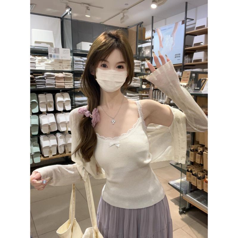 Korean Style Summer Sweet Bow Lace Trim Wool-Blend Knit Camisole Vest