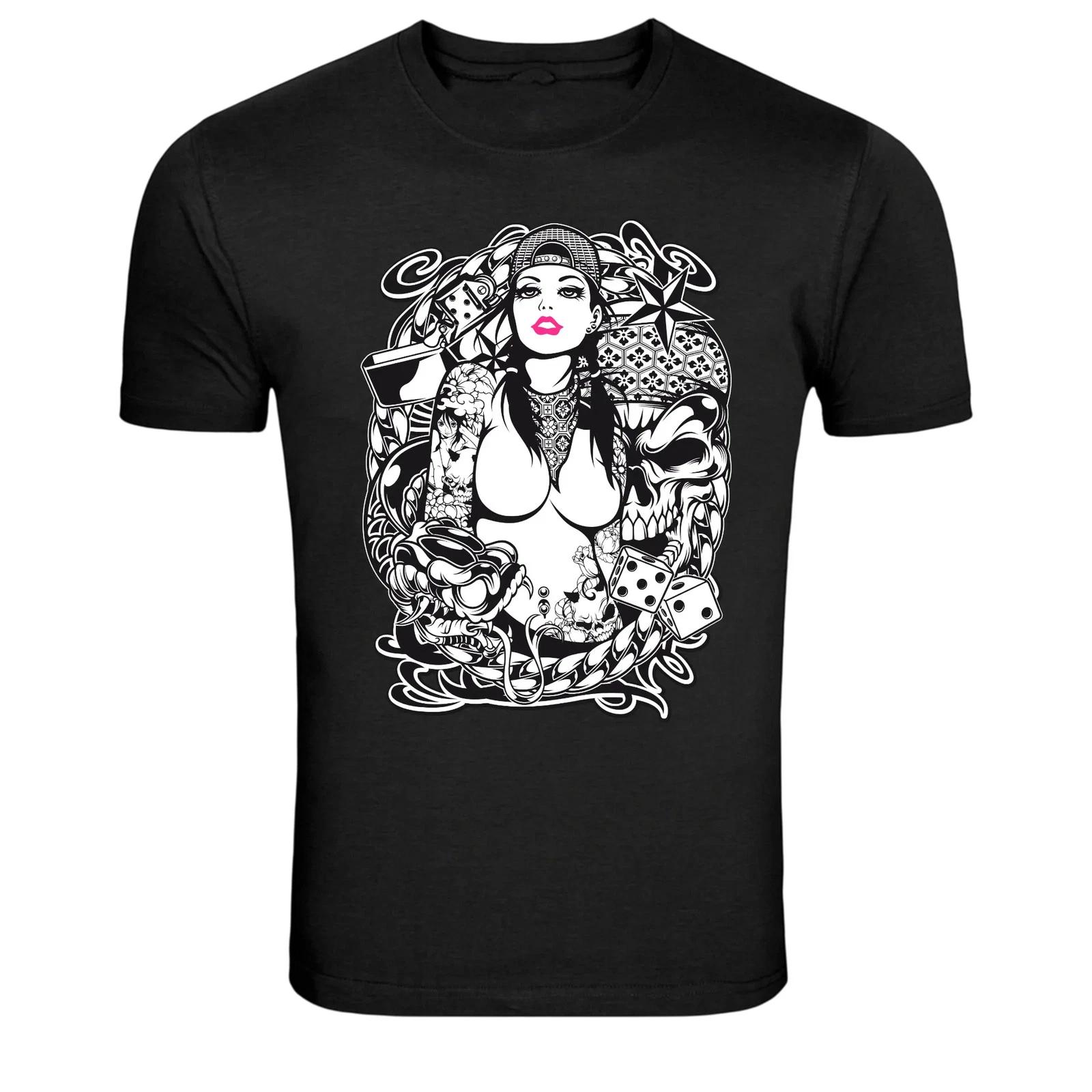 Gangster Tattoo Girl Dice Skull Street Style Graphic T-Shirt 3XL
