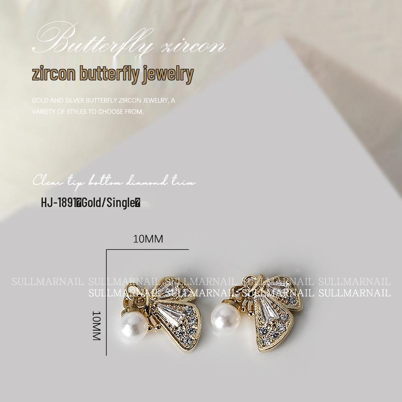 Butterfly Zircon Nail Art Jewelry: Pearl, Ribbon, Gold & Silver Pendant