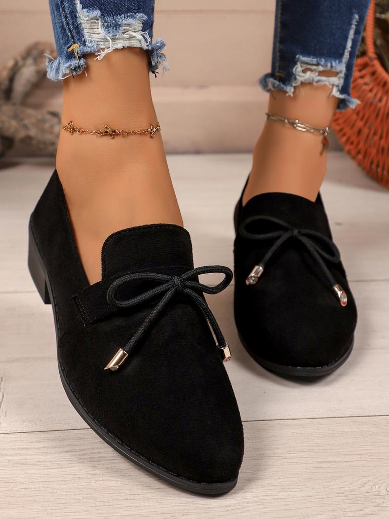 Women's Loafers Pointed Toe Square Heel Butterfly-knot One Kick Shoes All-match Retro Plus-size Spring and Autumn Single Shoes