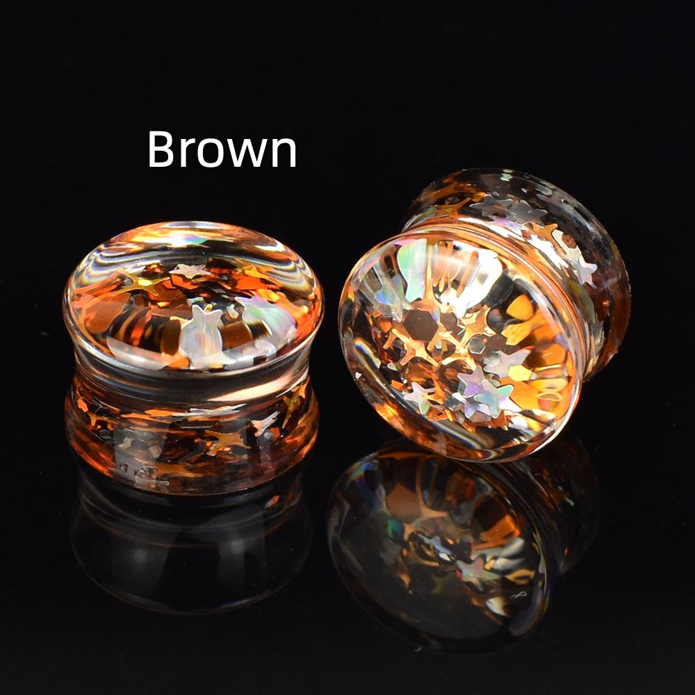 

6-50 мм мерцающие беруши с блестками, манометры и туннели, двойные расклешенные вилки, растягиватель для ушей, расширитель, ювелирные изделия для пирсинга ушей 10mm коричневый