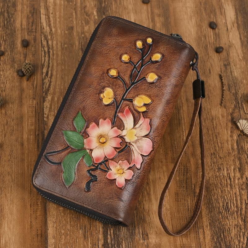 Vegetable Tanned Leather Women s Wallet with Double Zippers, Long Wallet with Embossing, Hand Wiping Process, Anti-theft Brush темно-коричневого